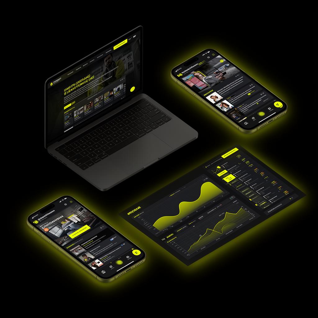 Composição de mockups de projetos: site, social media e dashboard
